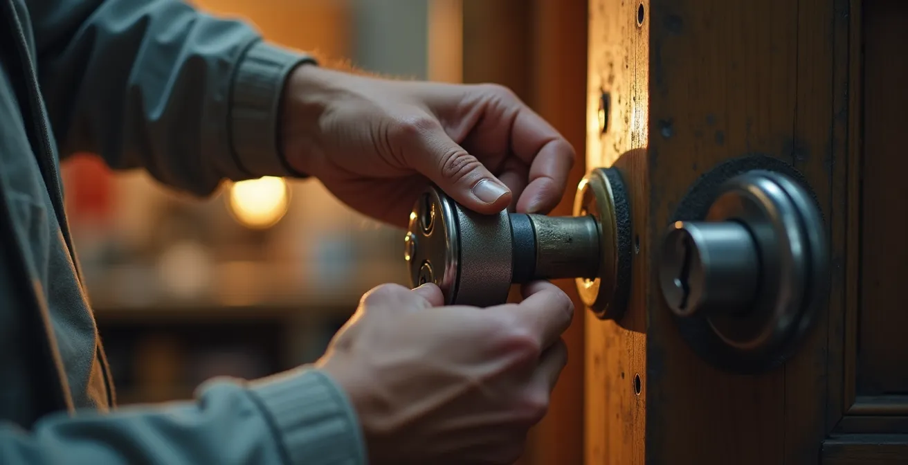 Mains d'un professionnel installant une serrure de sécurité certifiée