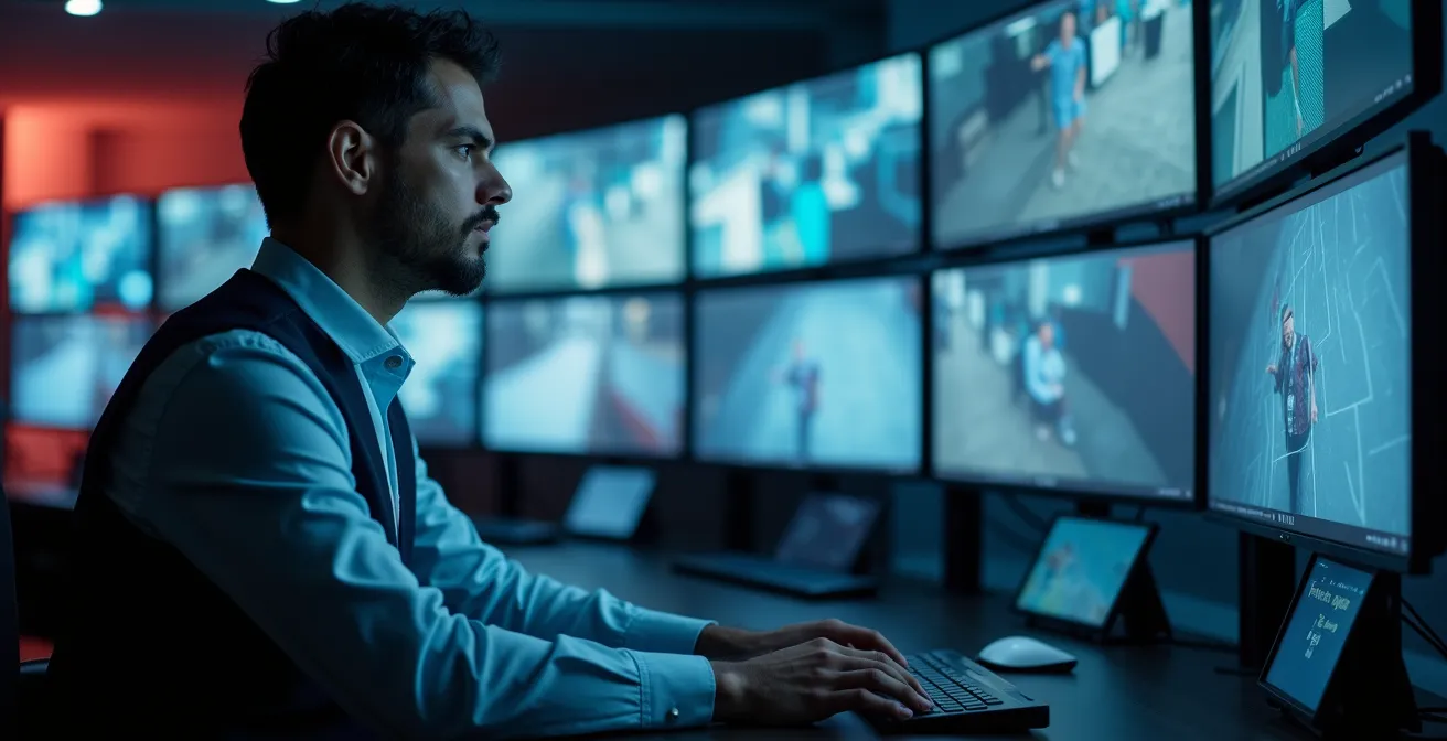 Opérateur de sécurité surveillant des écrans dans un centre de contrôle moderne