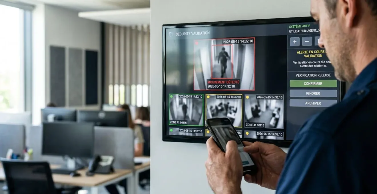 Écran de contrôle affichant plusieurs photos de détection intrusion avec horodatage et interface de validation d'alerte