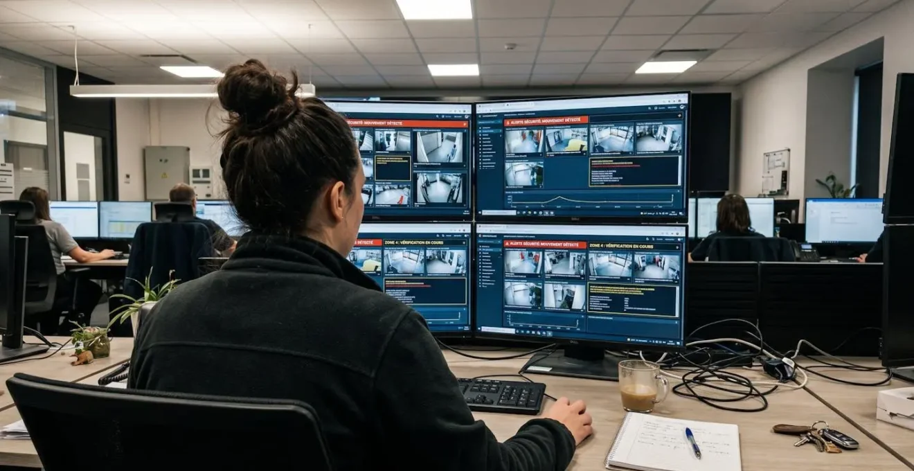 Opérateur de télésurveillance analysant plusieurs écrans d'alerte en temps réel dans un centre de contrôle moderne