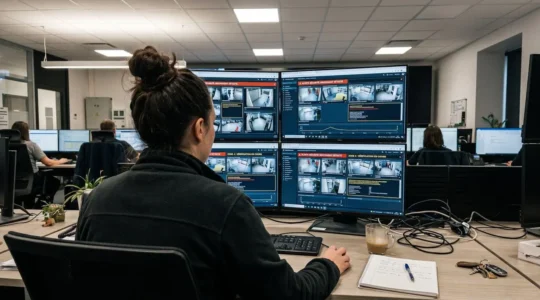 Opérateur de télésurveillance analysant plusieurs écrans d'alerte en temps réel dans un centre de contrôle moderne